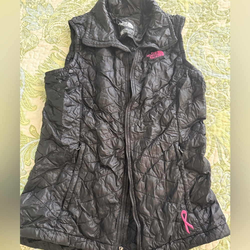 The North Face Black Puffer Vest with Pink Breast Cancer Awareness Ribbon